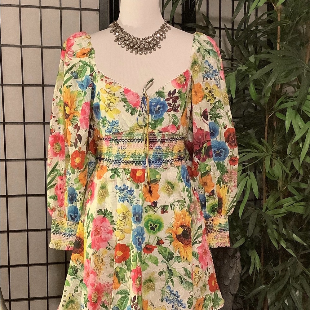 NWT Alice + Olivia | Crawford Eyelet Smocked Long Sleeve Cotton Minidress | 12